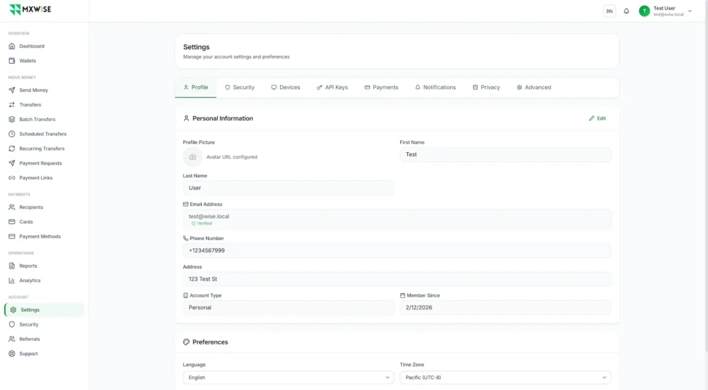 Wise Clone 38 Fintech platform settings dashboard showing profile management, security settings, payment preferences, API keys, device management, privacy controls, and account information.