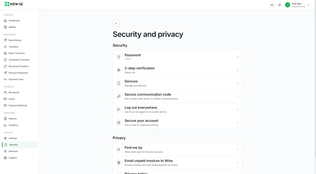 Wise Clone 37 Digital wallet security and privacy settings page showing password management, two-step verification, device controls, account protection tools, and privacy settings for secure financial account management.
