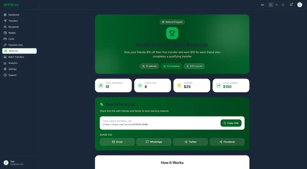 Wise Clone 36 Fintech referral program dashboard showing referral statistics, reward earnings, referral link management, completed referrals, pending rewards, and social sharing options.