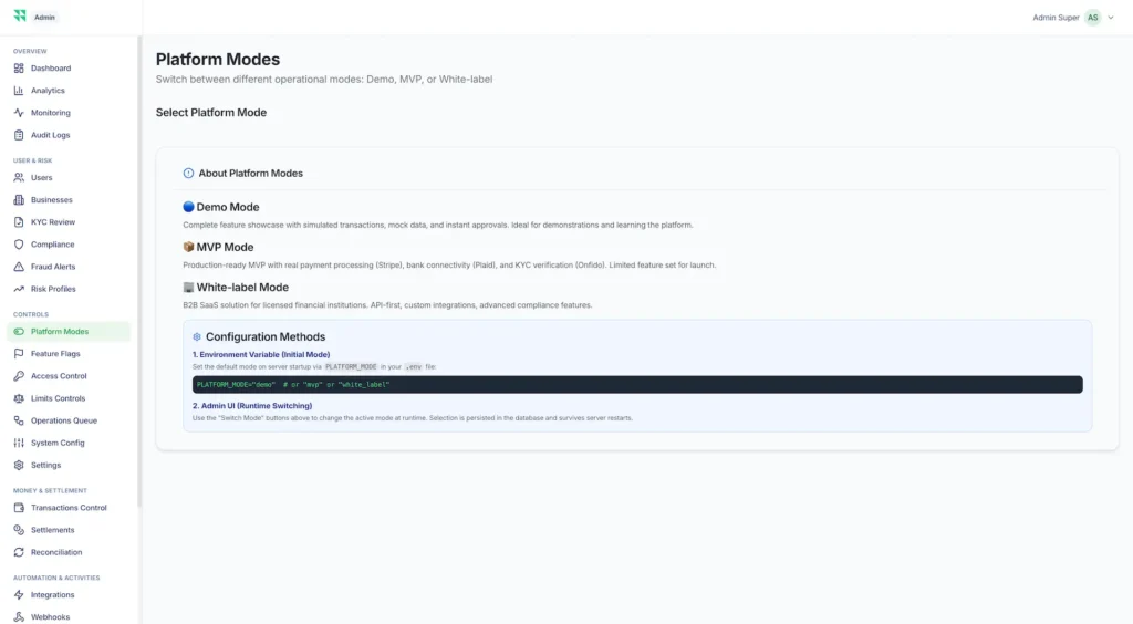Wise Clone 60 Platform modes admin dashboard for switching between demo mode MVP mode and white-label mode with configuration methods