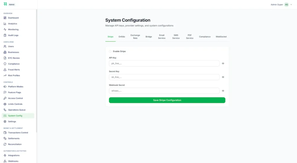 Wise Clone 56 Stripe system configuration dashboard with API key secret key webhook secret and payment gateway setup