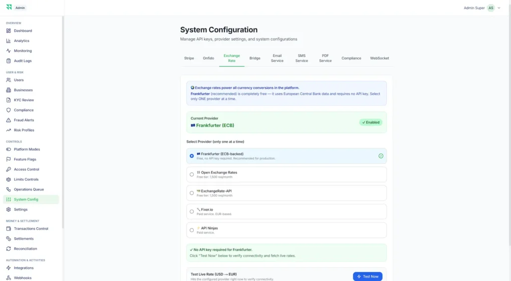 Wise Clone 55 System configuration dashboard for exchange rate provider settings with API keys provider selection Frankfurter ECB live rate testing and currency conversion setup