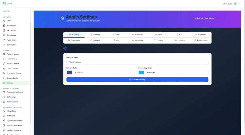 Wise Clone 53 Admin settings dashboard for platform configuration with branding landing fees advanced email KYC payments security API reporting liquidity and notifications