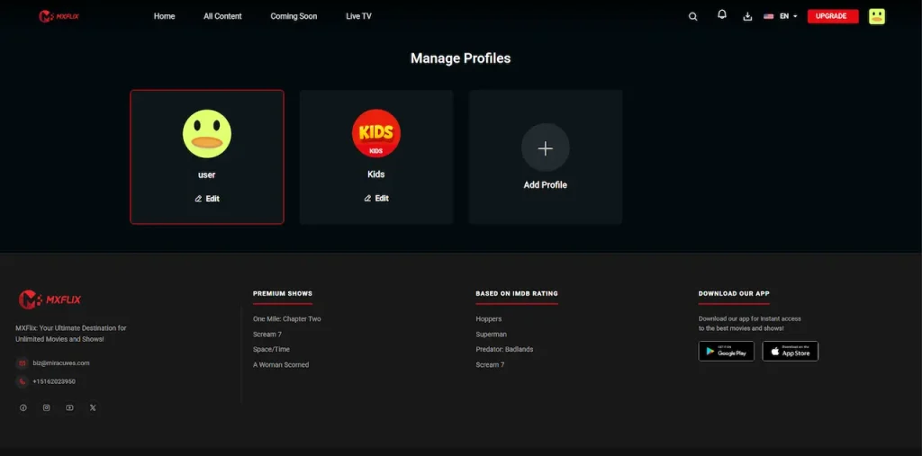 White Label Video Streaming Platform 38 Desktop profile manager with standard and kids profiles, profile editing, new-profile creation, and streaming app download links