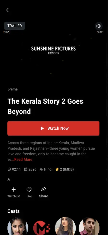 White Label Video Streaming Platform 19 Mobile movie page with title, genre, trailer, watch-now action, rating, cast, watchlist controls, and related content