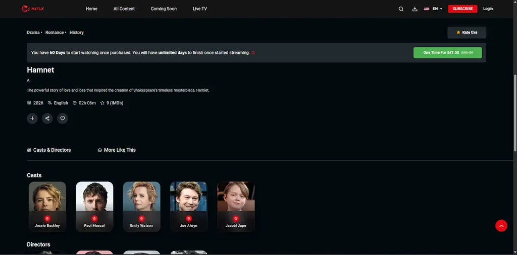 White Label Video Streaming Platform 41 Desktop rental-detail page with purchase window, one-time price, synopsis, language, duration, rating, cast, and related content