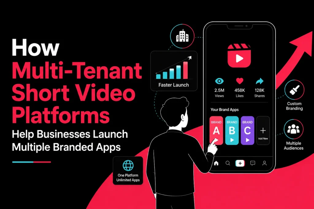 Illustration of a multi-tenant short video platform dashboard helping businesses launch multiple branded video apps with analytics and audience growth visuals.