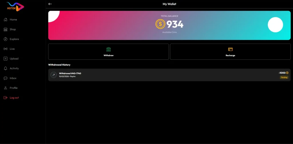Creator wallet dashboard with coin balance, withdrawals, recharge system, and monetization tracking