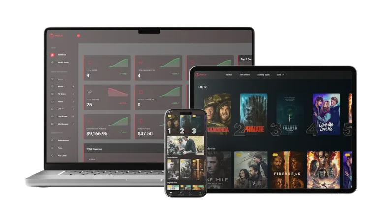 OTT streaming platform shown across laptop, tablet, and mobile with administration, top-ten rankings, catalogs, live TV, and viewer content