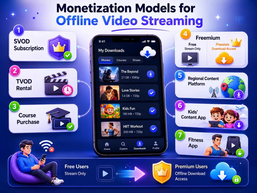 Offline Video Streaming App Development: Building Secure Download Capabilities for Video Apps 2 Monetization models for offline video streaming infographic showing SVOD, TVOD rentals, freemium access, regional platforms, kids apps, and fitness streaming downloads.