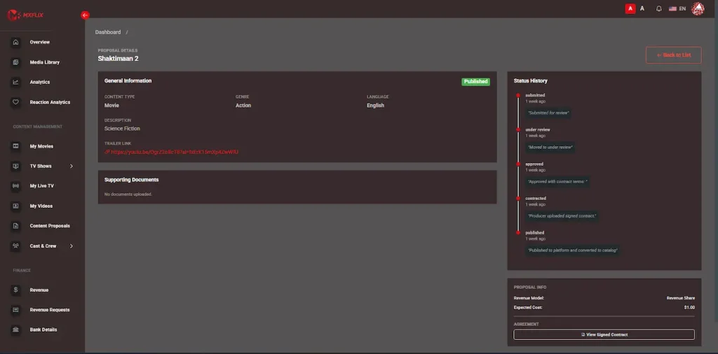 White Label Video Streaming Platform 31 Producer proposal detail screen with title metadata, publication state, supporting documents, trailer link, and approval-status history