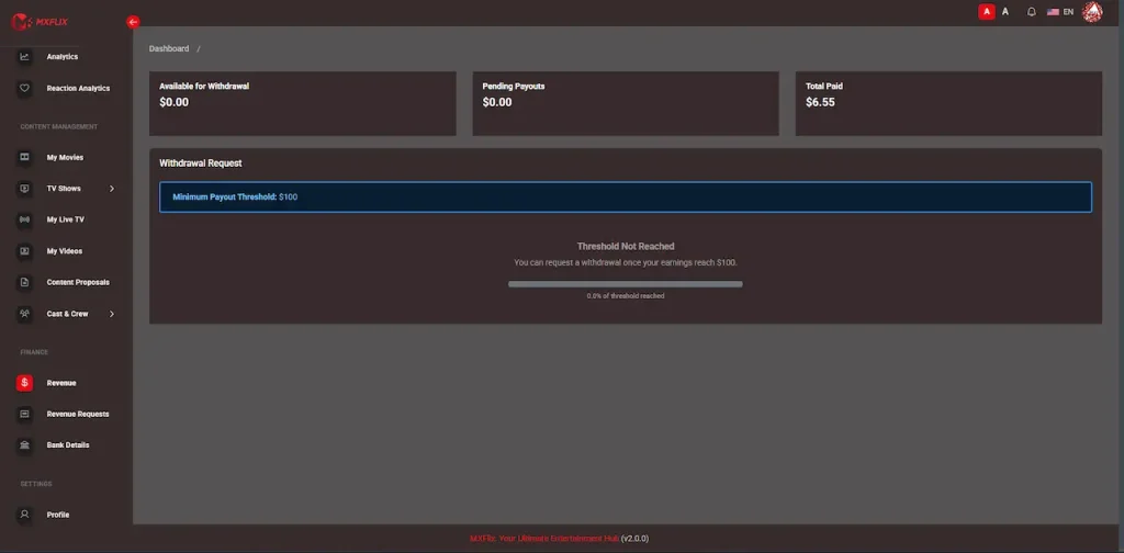 White Label Video Streaming Platform 29 Producer revenue dashboard with available withdrawal balance, pending payouts, total paid, payout threshold, and withdrawal requests
