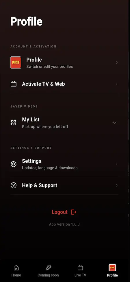 White Label Video Streaming Platform 17 Mobile account menu with profile switching, TV activation, saved videos, app settings, help, and support
