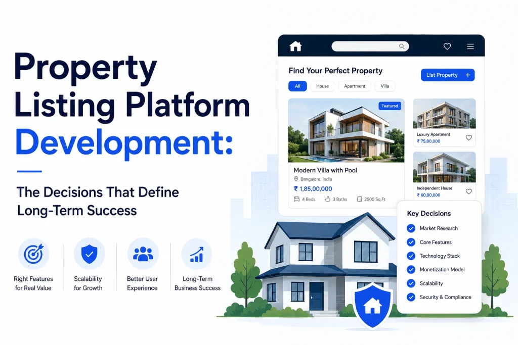 Property listing platform development infographic with real estate marketplace dashboard, property cards, and scalability planning elements
