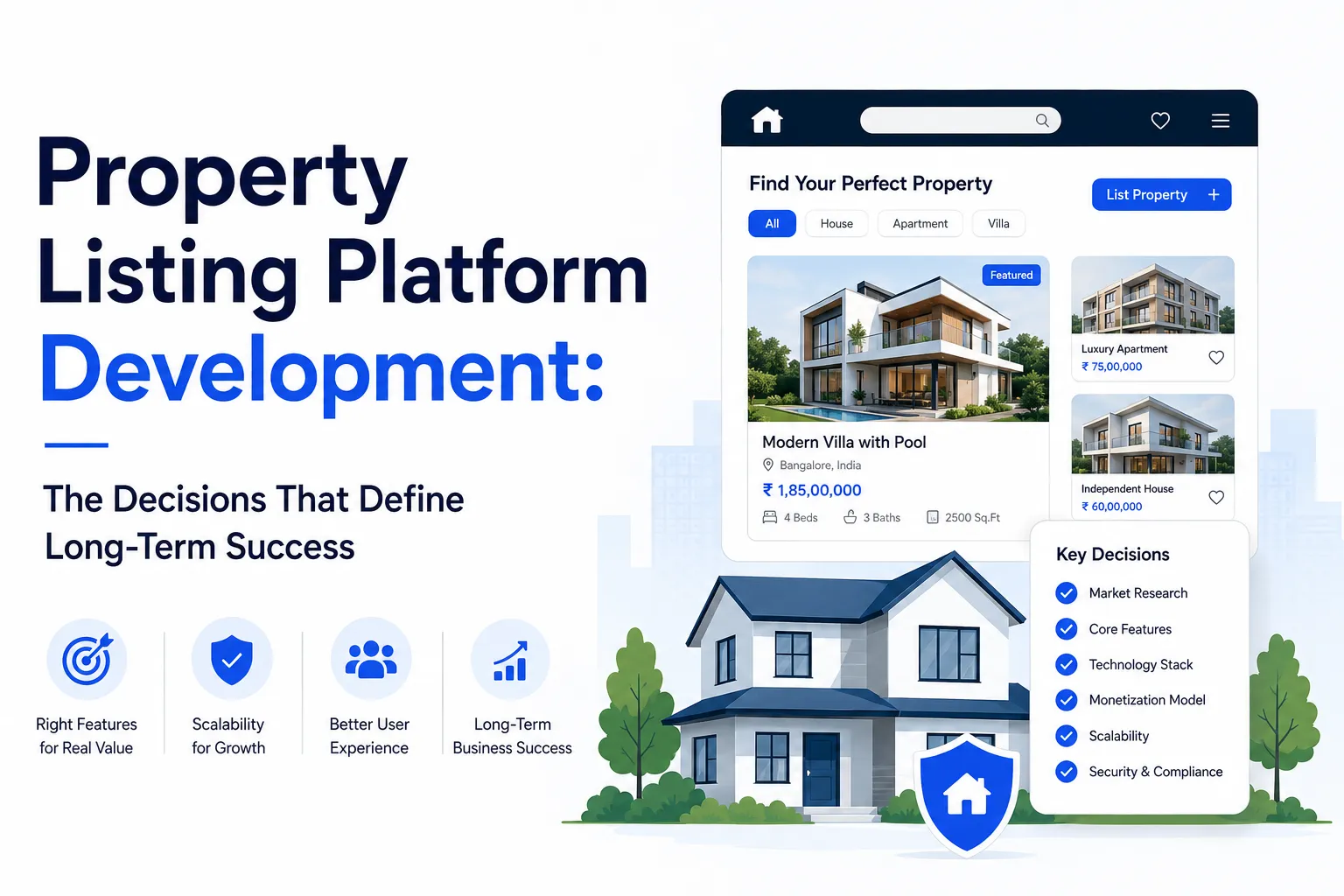 Property listing platform development infographic with real estate marketplace dashboard, property cards, and scalability planning elements