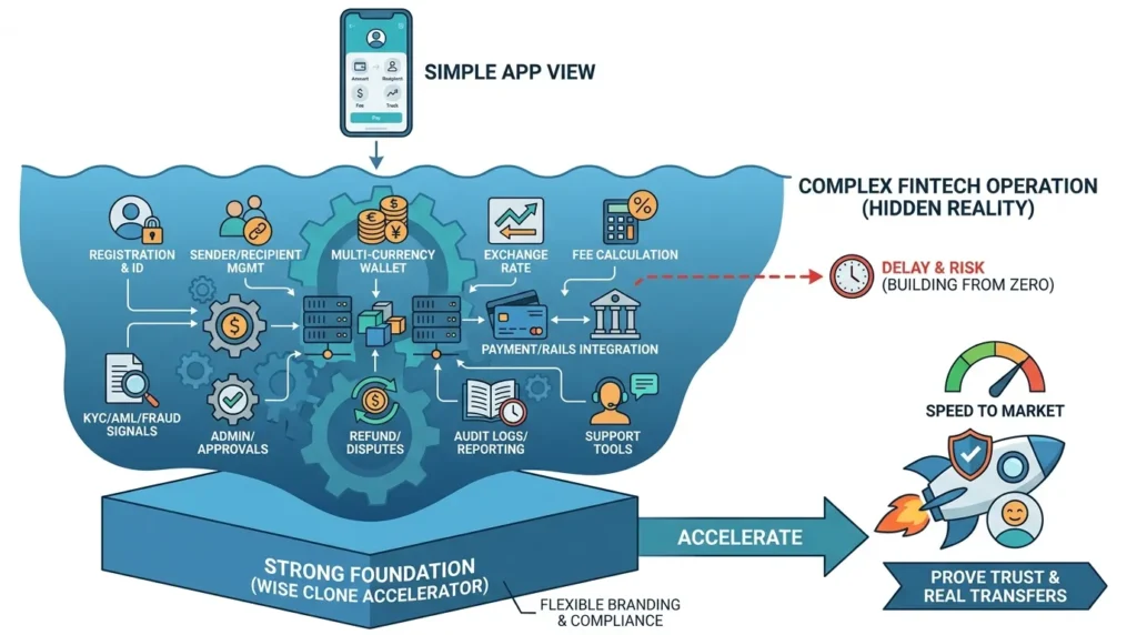 From Zero to Revenue: How a Remittance Startup Can Scale Using a Wise Clone Foundation 1 Wise clone accelerator showing the hidden fintech operations behind a remittance app, including KYC, multi-currency wallets, exchange rates, payment rails, reporting, disputes, and compliance.