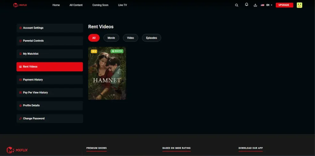 White Label Video Streaming Platform 46 Desktop account rental page with rented titles, movie and episode filters, payment history, pay-per-view history, and profile settings