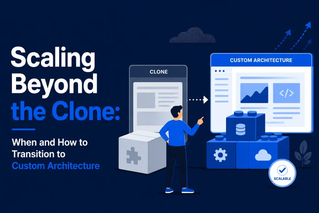Illustration showing the transition from clone-based systems to scalable custom architecture with modular UI components and developer-focused visuals.