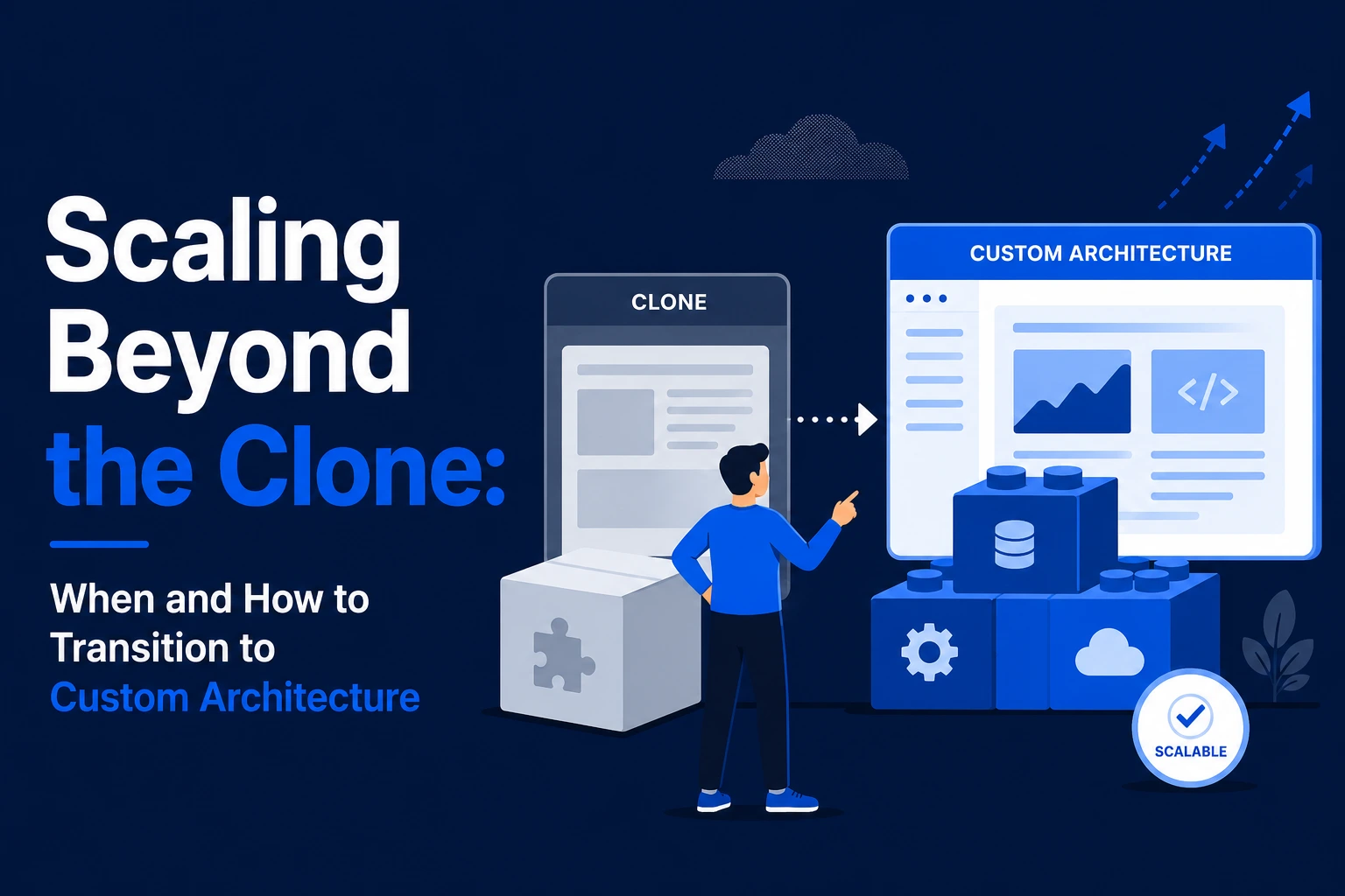 Custom app architecture scaling strategy with performance optimization and infrastructure growth illustration