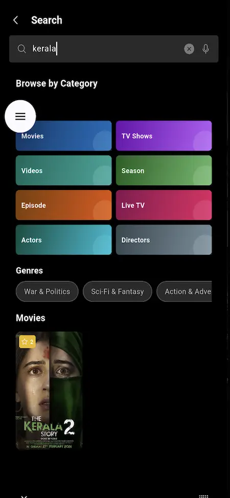 White Label Video Streaming Platform 27 Mobile streaming search screen with content types for movies, TV shows, videos, seasons, episodes, live TV, actors, directors, and genres