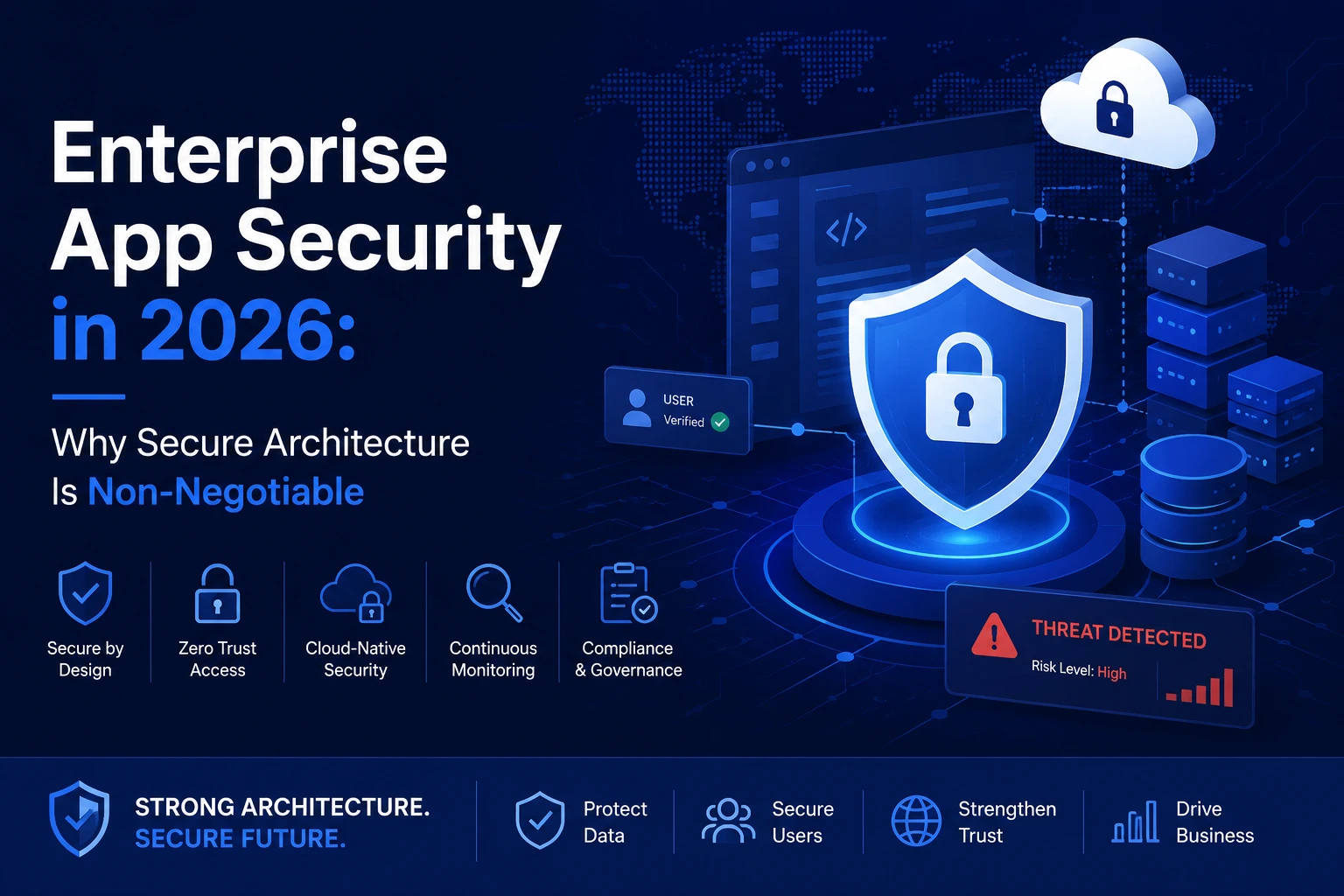 Enterprise application security illustration showing secure architecture layers including cloud security, zero trust access, compliance monitoring, encrypted infrastructure, and threat detection Securing Your App