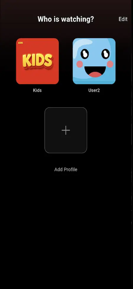 White Label Video Streaming Platform 25 Mobile viewer selector with kids mode, standard profiles, profile editing, and an option to add another viewer