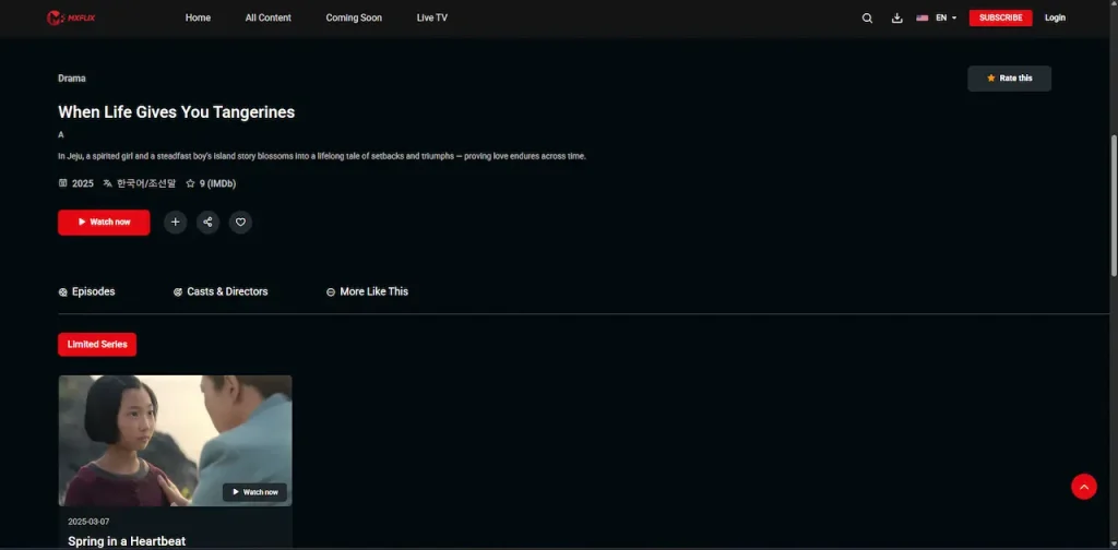 White Label Video Streaming Platform 44 Desktop series page with synopsis, release information, rating, watch-now action, episodes, cast, directors, and related titles