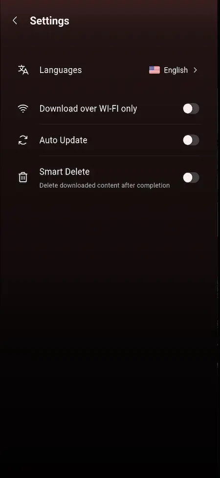 White Label Video Streaming Platform 18 Mobile streaming settings for language, Wi-Fi-only downloads, automatic updates, smart deletion, and storage management