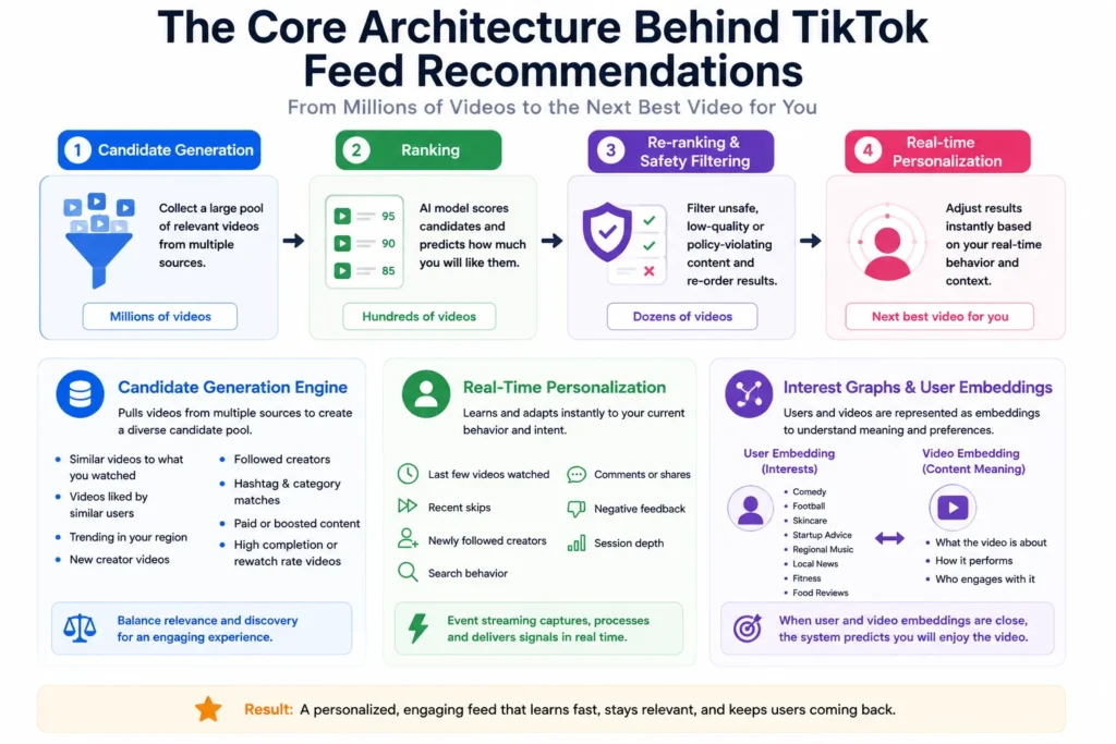 Infographic explaining the core architecture behind TikTok-style feed recommendations, showing four stages: candidate generation, ranking, re-ranking and safety filtering, and real-time personalization, supported by user behavior signals and interest embeddings.