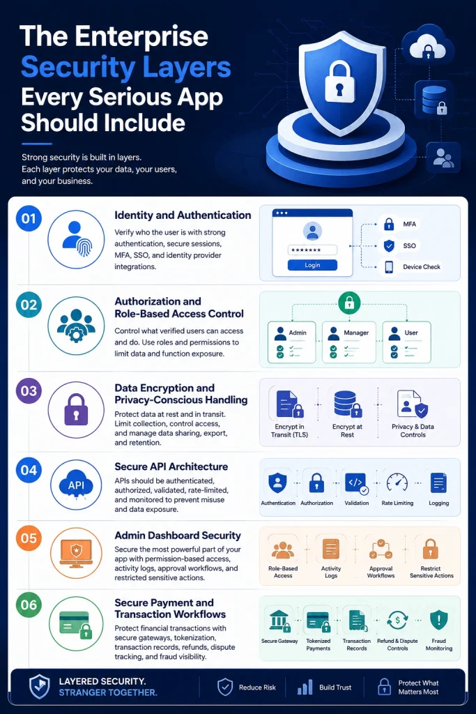 Enterprise security layers infographic showing authentication, role-based access control, data encryption, secure APIs, admin dashboard security, and payment workflow protection.