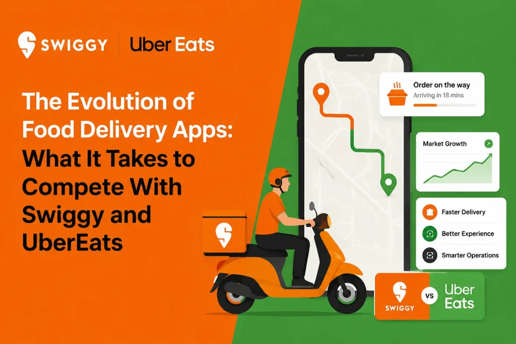Illustration showing the evolution of food delivery apps with Swiggy and Uber Eats featuring real-time tracking, delivery management, and digital food ordering experience.