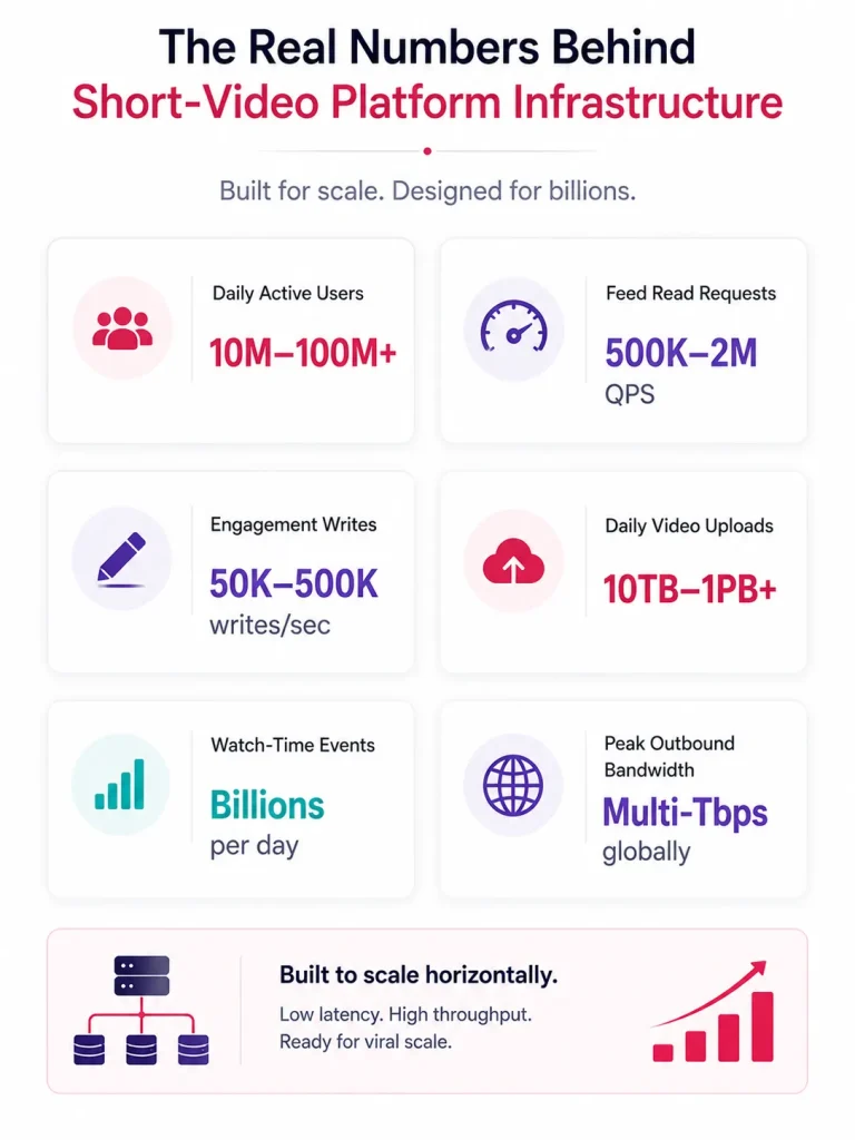 Infographic showing the infrastructure scale and backend performance metrics behind modern short-video platforms handling millions of users and billions of engagement events.