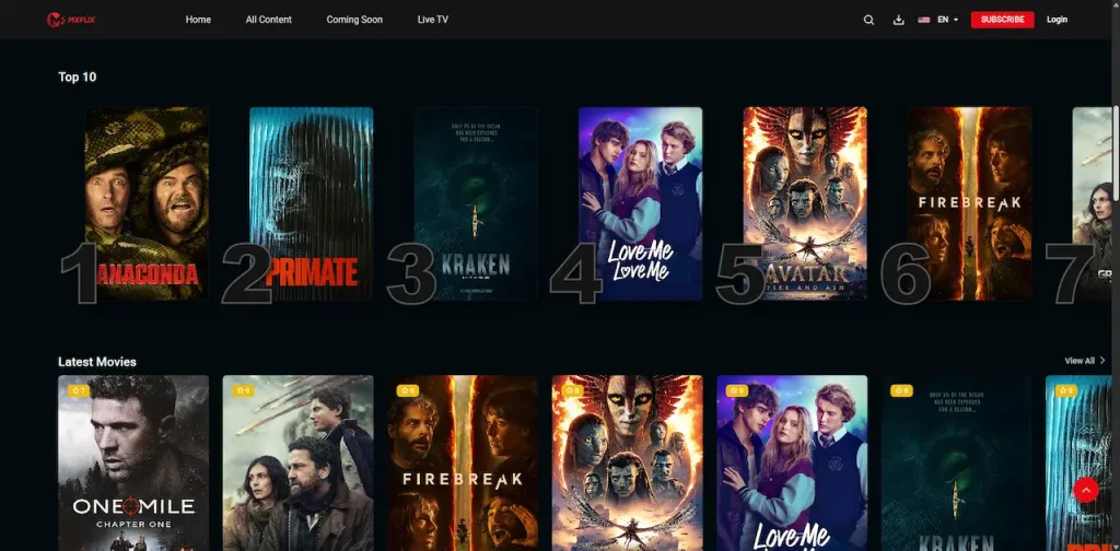 White Label Video Streaming Platform 43 Desktop streaming catalog presenting ranked top-ten movies and latest-title rows with artwork and navigation