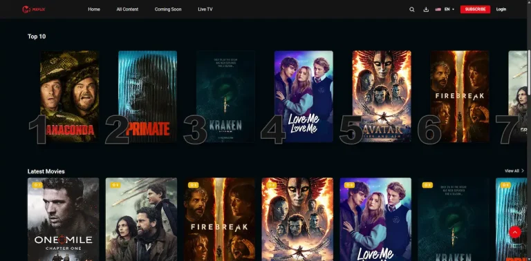 Desktop streaming catalog presenting ranked top-ten movies and latest-title rows with artwork and navigation