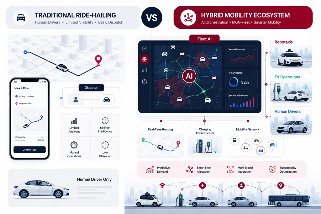 Comparison infographic between traditional ride-hailing apps and AI-powered hybrid mobility ecosystems with robotaxis and smart fleet orchestration