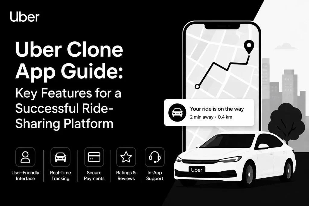 Uber clone app guide showing key features of a modern ride-sharing platform including real-time tracking, secure payments, ratings, and in-app support.