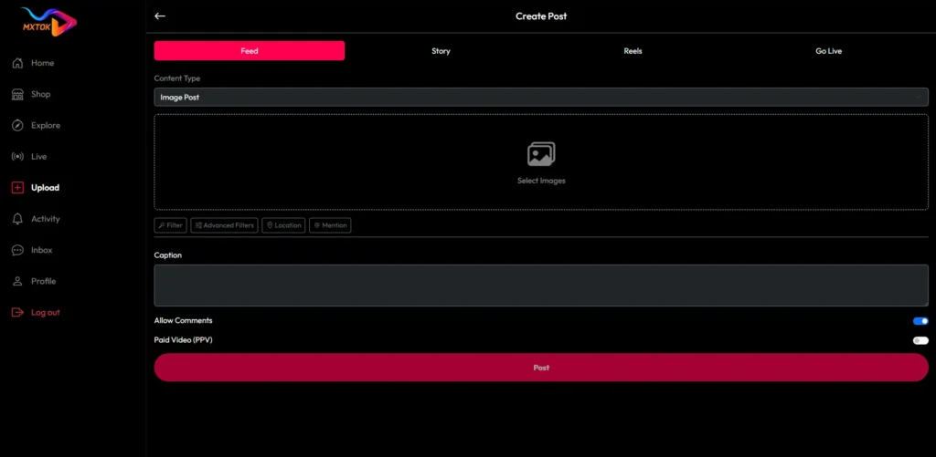Social media creator dashboard for uploading posts, reels, stories, live content, and pay-per-view media