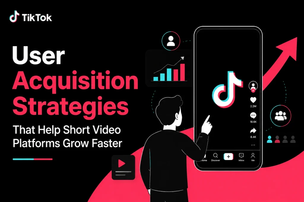 TikTok-themed featured image showing user acquisition strategies for short video platforms with growth chart, mobile UI, and engagement elements User Acquisition Strategies.