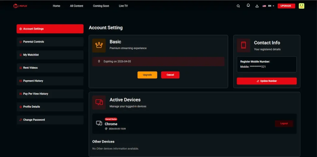 White Label Video Streaming Platform 42 Desktop account settings with subscription plan, expiration, upgrade or cancellation, contact details, and active-device management