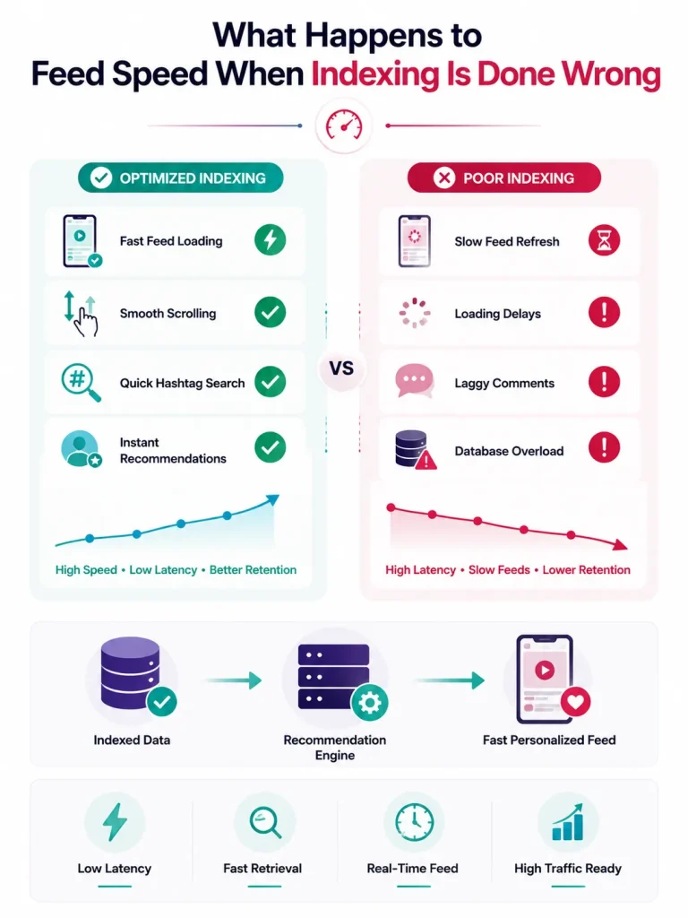 Infographic comparing optimized indexing versus poor indexing in short-video platform infrastructure and its impact on feed speed, latency, and user retention.