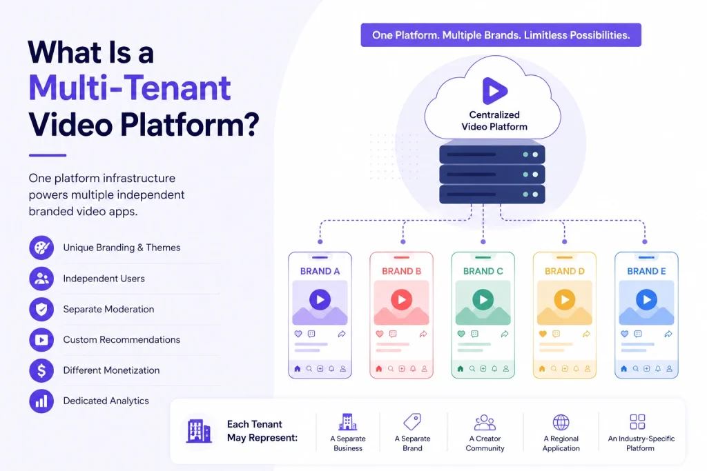 How Multi-Tenant Short Video Platforms Help Businesses Launch Multiple Branded Apps 1 Short Video Platforms .Simple infographic explaining how a multi-tenant video platform powers multiple branded video apps from one centralized infrastructure