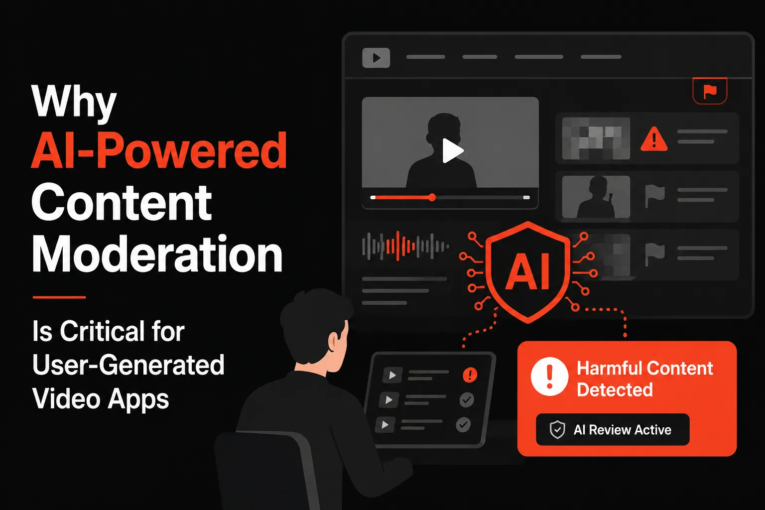 Dark-themed infographic explaining why AI-powered content moderation is essential for user-generated video platforms
