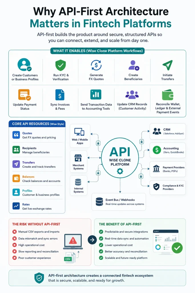 Infographic explaining why API-first architecture matters in fintech platforms, showing secure APIs connecting Wise clone systems with KYC, transfers, CRM, accounting, and payment workflows.