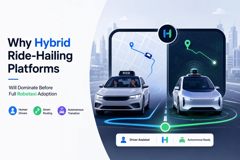 Hybrid ride-hailing platform infographic comparing driver-assisted mobility and autonomous-ready transportation systems