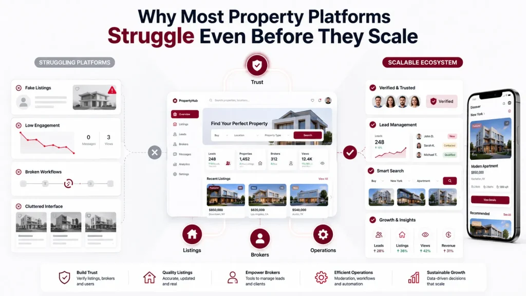 Property marketplace infographic comparing struggling real estate platforms with scalable verified property ecosystems and lead management systems