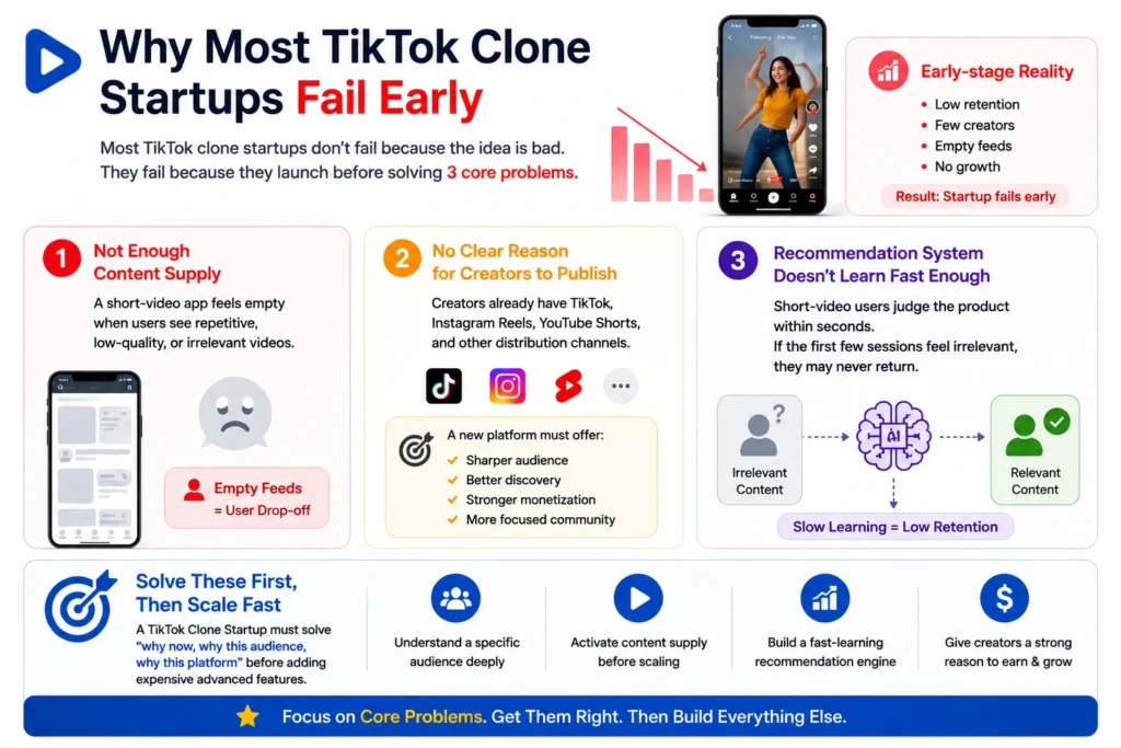 Infographic explaining why most TikTok clone startups fail early due to low content supply, lack of creator incentives, and weak recommendation systems.