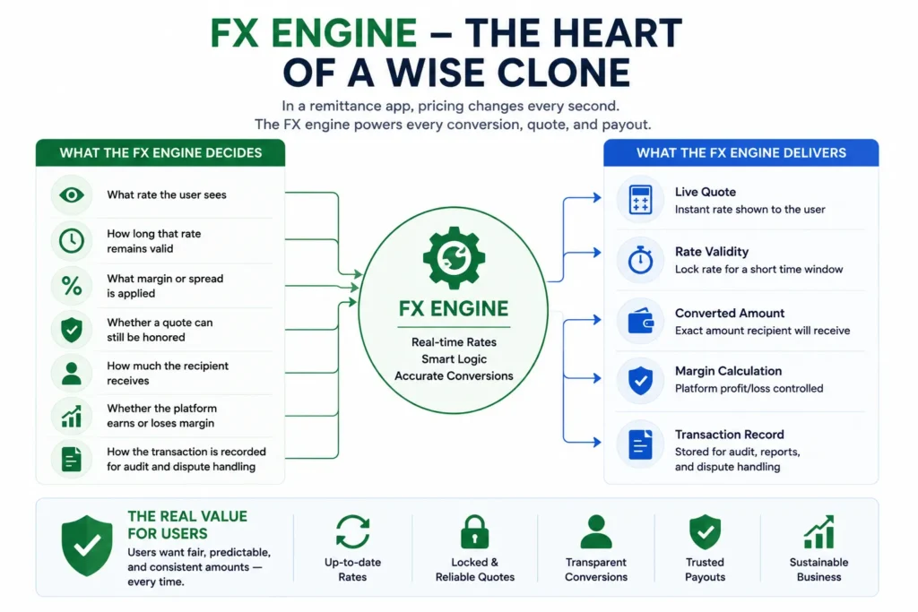 How to Build a Real-Time FX Engine for a Wise Clone With Low-Latency Exchange Rate Feeds 1 Simple infographic explaining how an FX engine processes real-time exchange rates, quote validity, margins, recipient amounts, and transaction records to deliver accurate and transparent currency conversions.