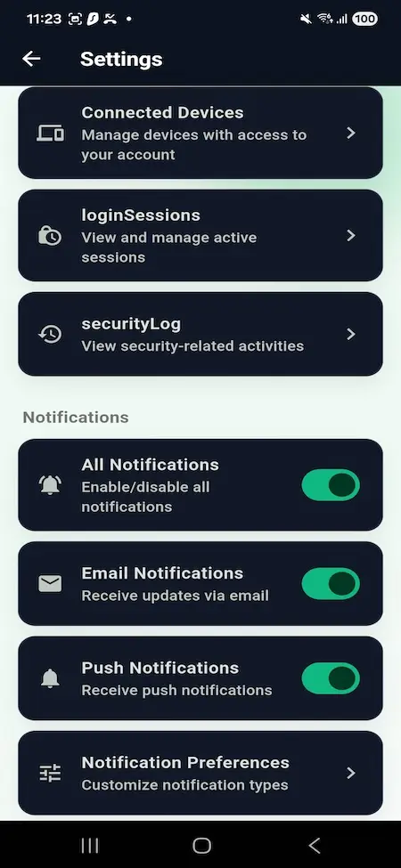 Wise Clone 26 Mobile account settings screen displaying connected devices, login session management, security activity logs, notification preferences, email alerts, and push notification controls.