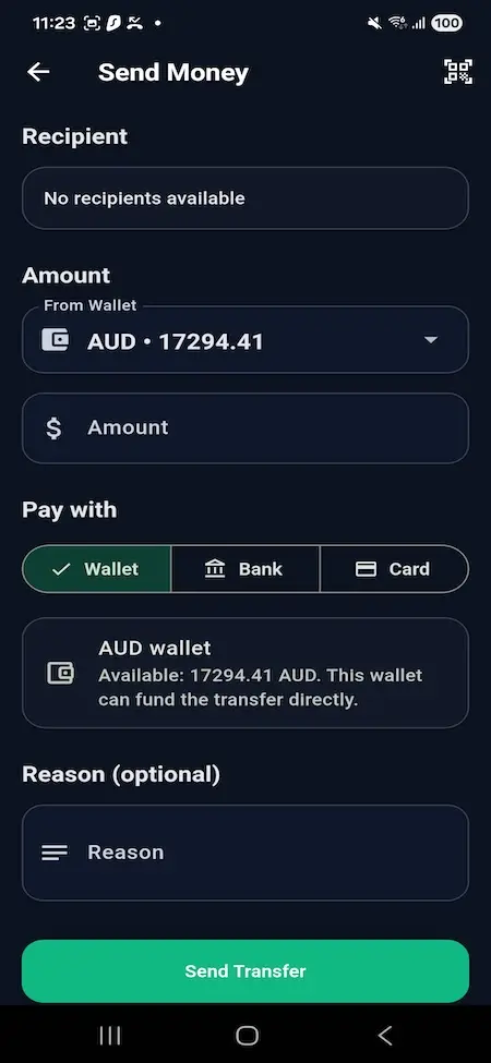 Wise Clone 25 Mobile money transfer screen displaying recipient selection, wallet balance, transfer amount entry, payment methods including wallet, bank, and card, and send transfer functionality.
