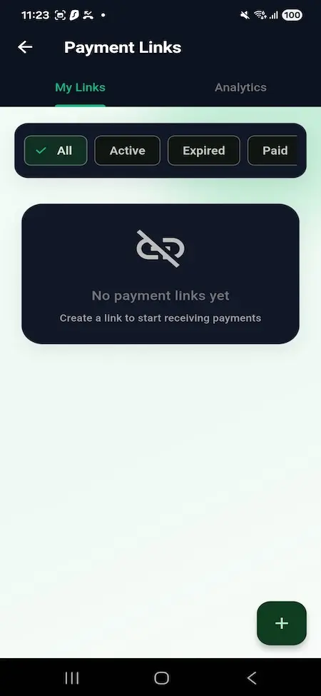 Wise Clone 24 Mobile payment links dashboard displaying payment link management, active and expired links, payment tracking, analytics tab, and online payment collection tools.
